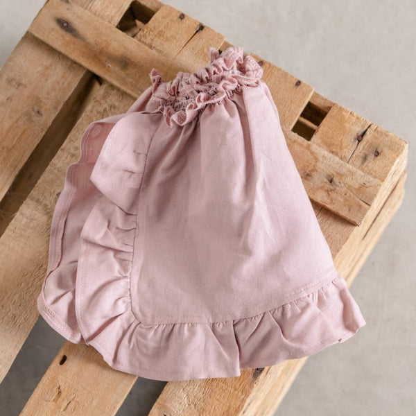 Falda confeccionada y ¡lista! para coser a cuerpo de punto en lino natural rosa nude de MöMMOT